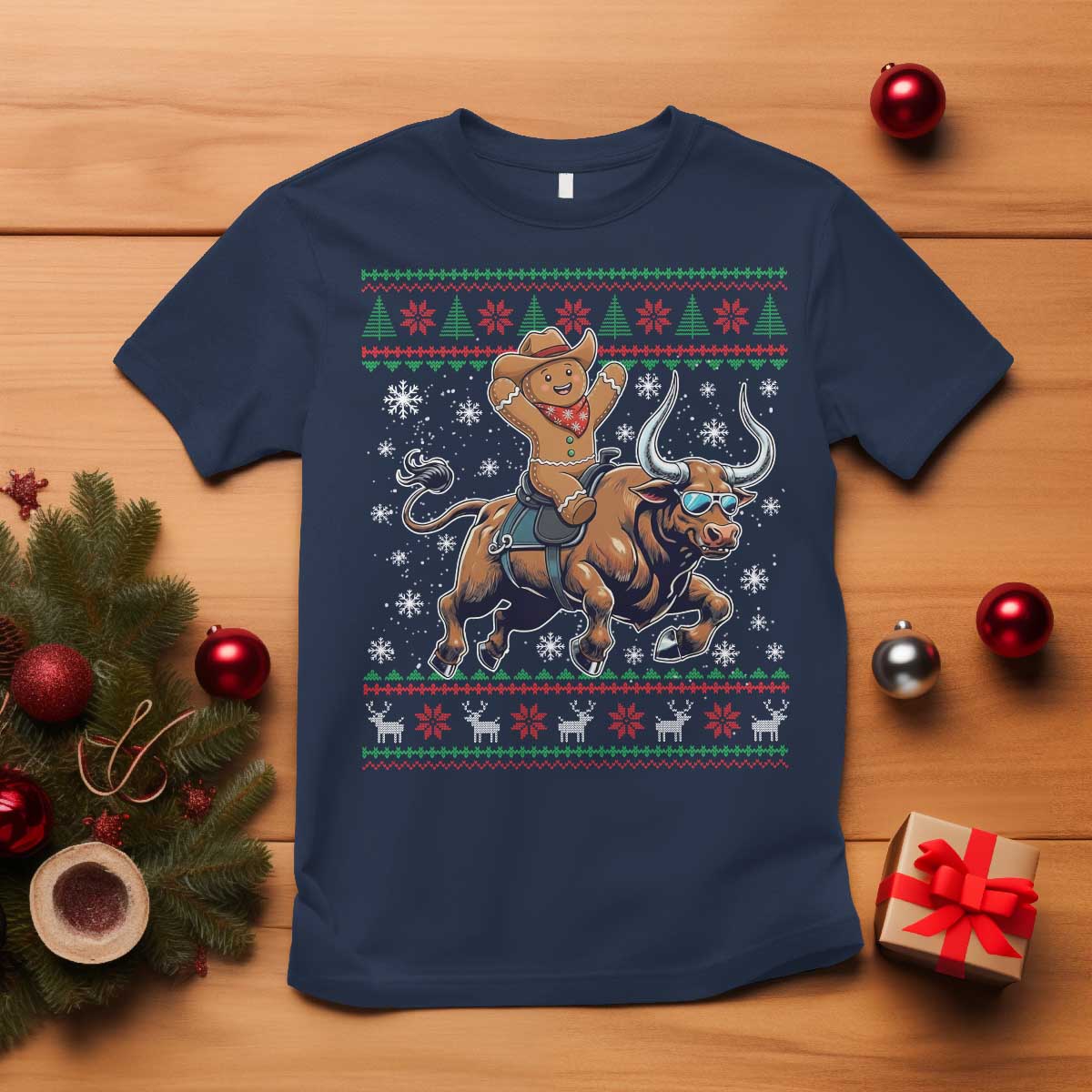 Funny Gingerbread Man Riding Bull T Shirt Cowboy Western Rodeo Christmas Gift - Wonder Print Shop