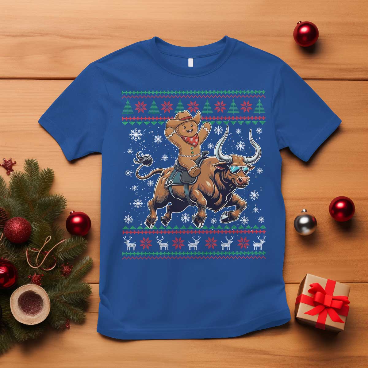 Funny Gingerbread Man Riding Bull T Shirt Cowboy Western Rodeo Christmas Gift - Wonder Print Shop