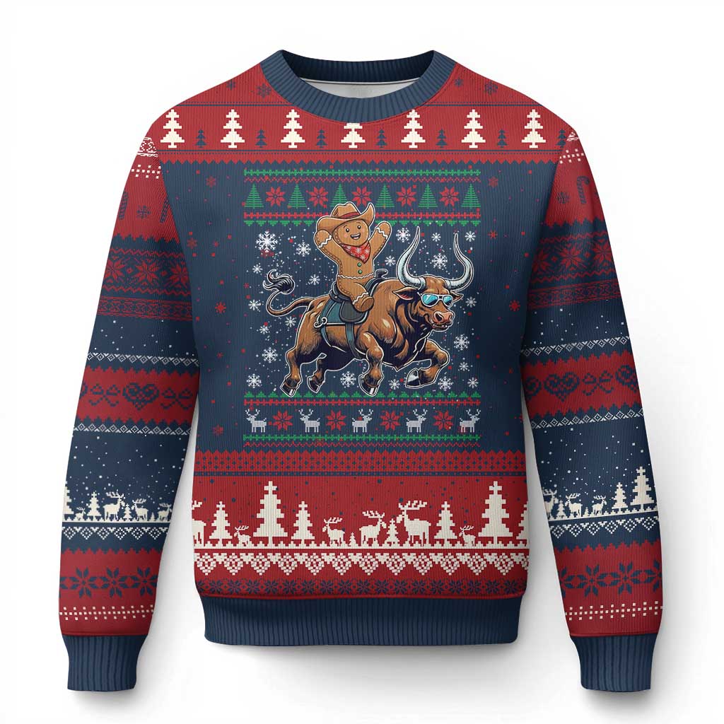 Funny Gingerbread Man Riding Bull Ugly Christmas Sweater Cowboy Western Rodeo Xmas Gift - Wonder Print Shop