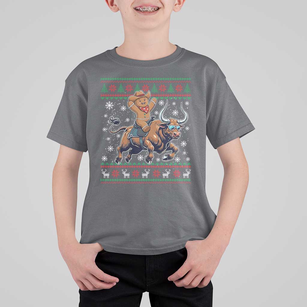 Funny Gingerbread Man Riding Bull T Shirt For Kid Cowboy Western Rodeo Christmas Gift - Wonder Print Shop