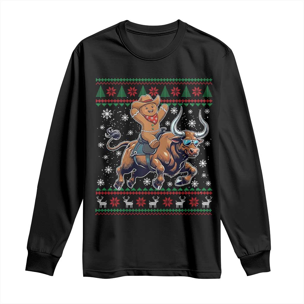 Funny Gingerbread Man Riding Bull Long Sleeve Shirt Cowboy Western Rodeo Christmas Gift - Wonder Print Shop