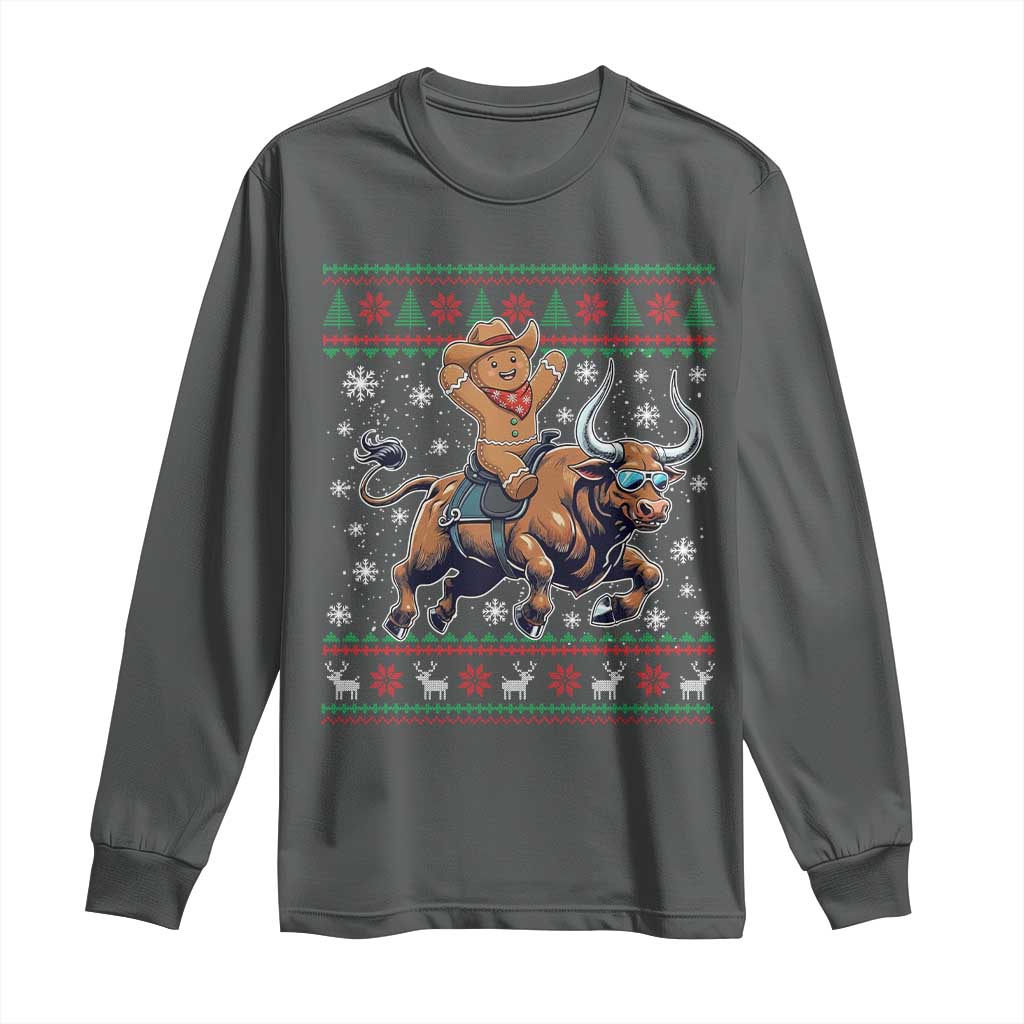Funny Gingerbread Man Riding Bull Long Sleeve Shirt Cowboy Western Rodeo Christmas Gift - Wonder Print Shop