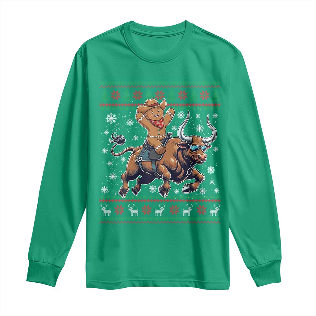 Funny Gingerbread Man Riding Bull Long Sleeve Shirt Cowboy Western Rodeo Christmas Gift - Wonder Print Shop