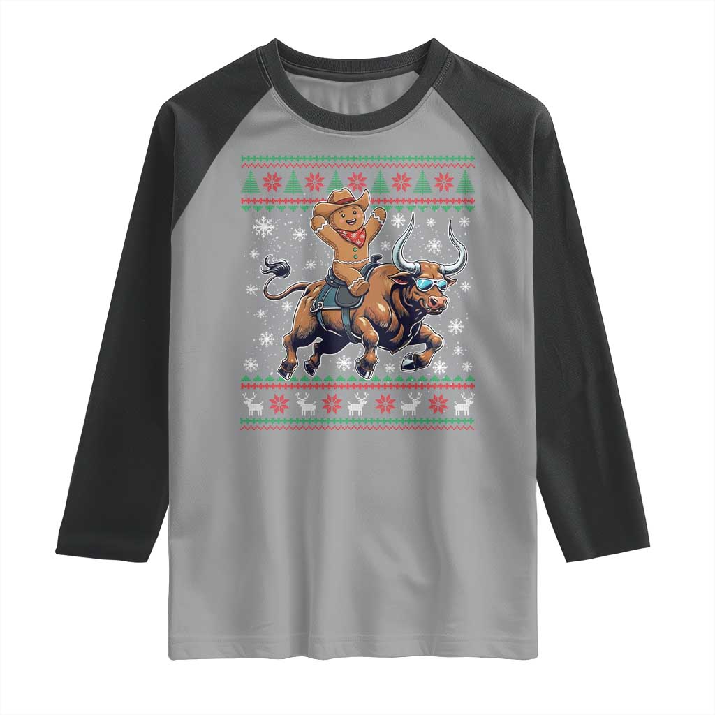 Funny Gingerbread Man Riding Bull Raglan Shirt Cowboy Western Rodeo Christmas Gift - Wonder Print Shop