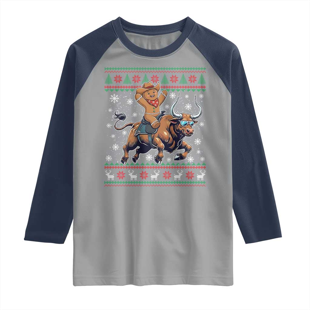 Funny Gingerbread Man Riding Bull Raglan Shirt Cowboy Western Rodeo Christmas Gift - Wonder Print Shop