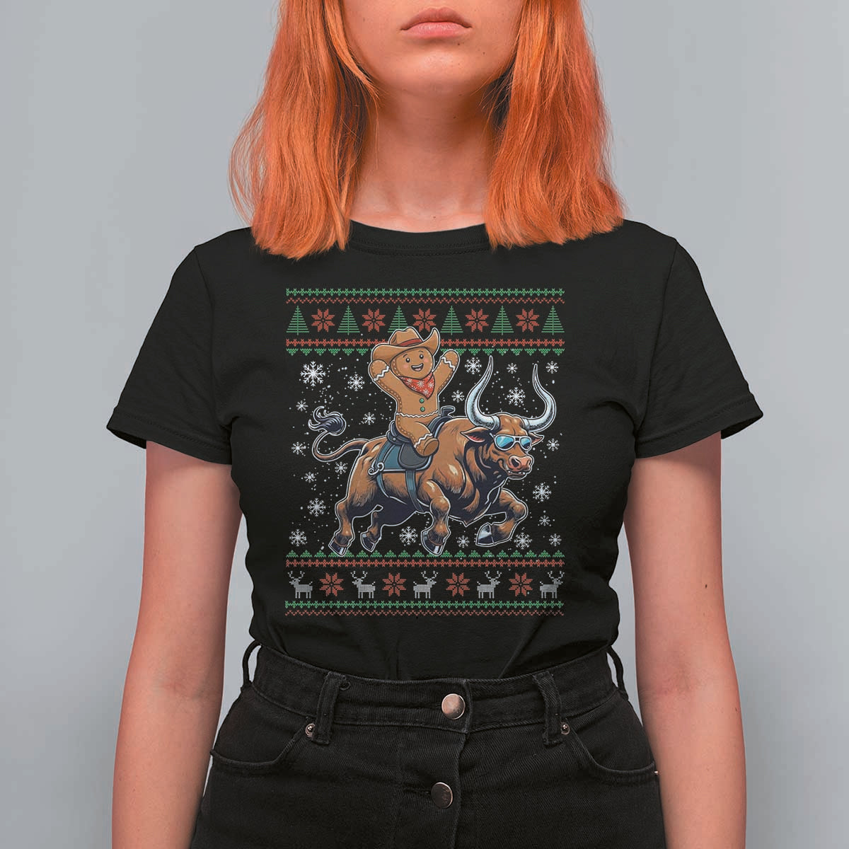 Funny Gingerbread Man Riding Bull T Shirt For Women Cowboy Western Rodeo Christmas Gift - Wonder Print Shop