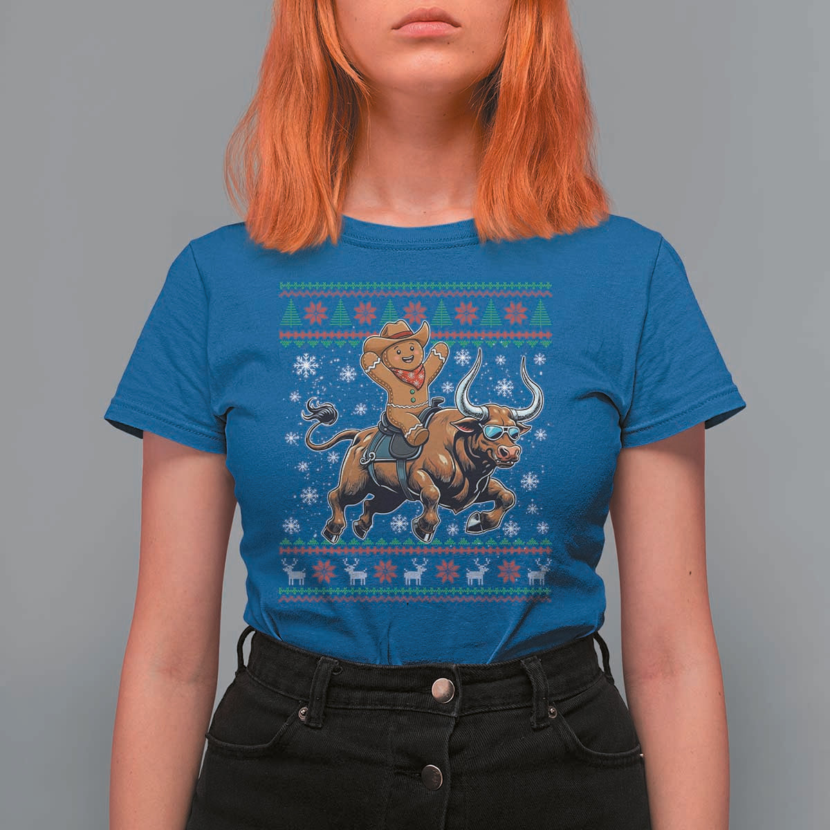 Funny Gingerbread Man Riding Bull T Shirt For Women Cowboy Western Rodeo Christmas Gift - Wonder Print Shop