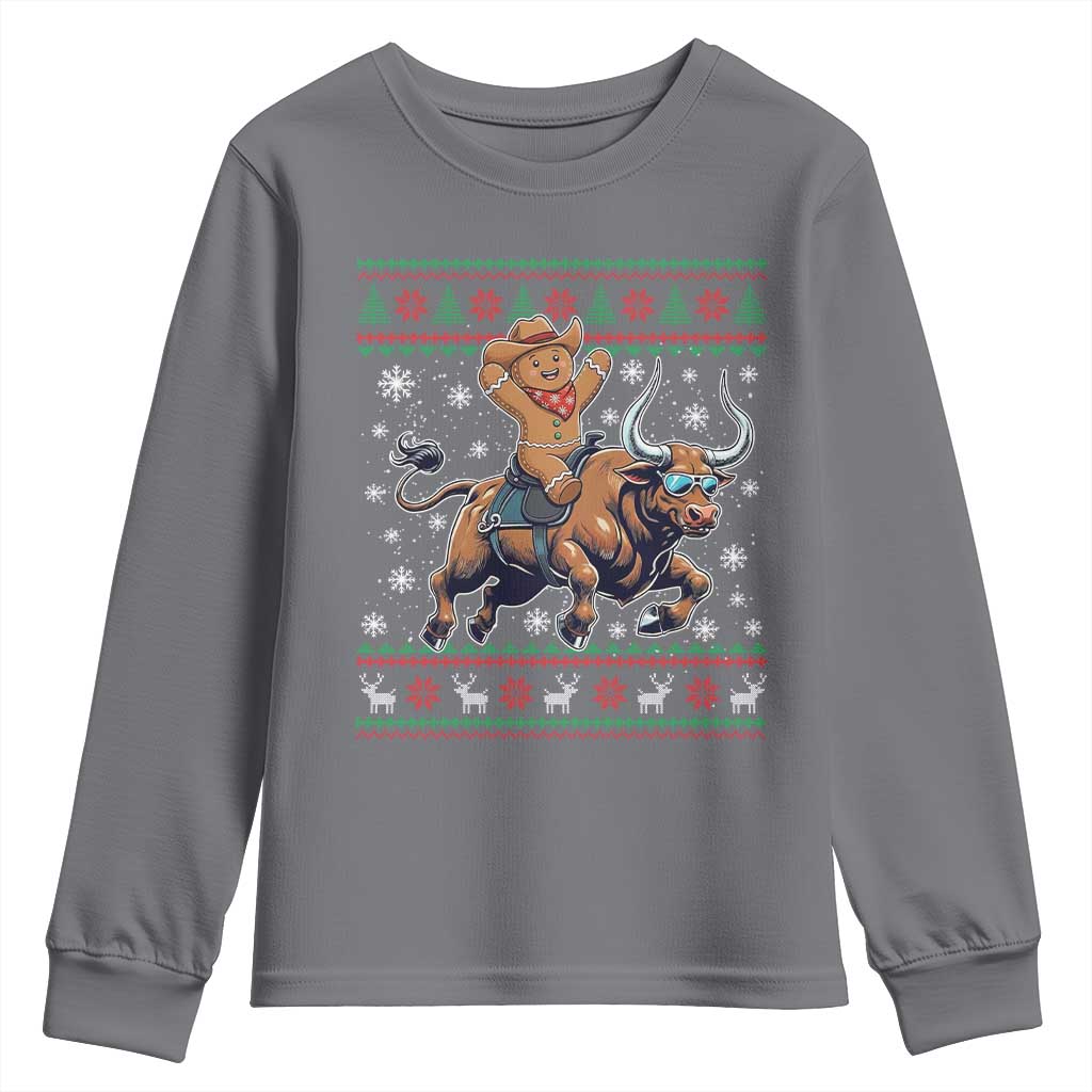 Funny Gingerbread Man Riding Bull Youth Sweatshirt Cowboy Western Rodeo Christmas Gift - Wonder Print Shop