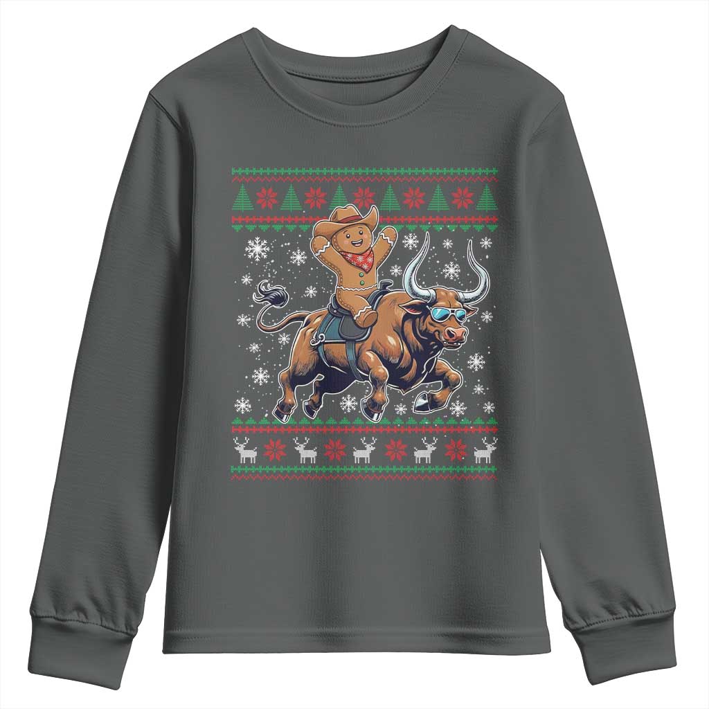Funny Gingerbread Man Riding Bull Youth Sweatshirt Cowboy Western Rodeo Christmas Gift - Wonder Print Shop