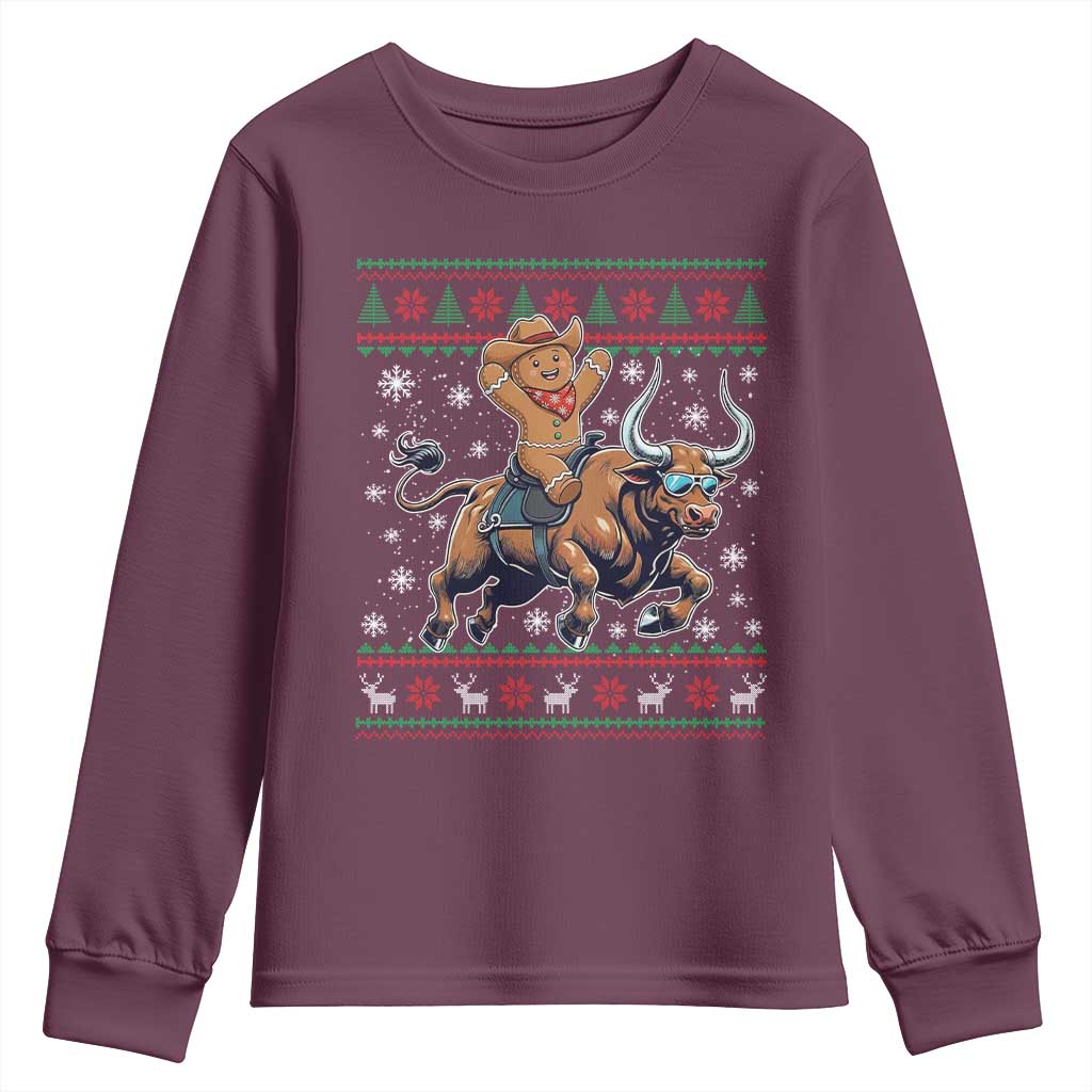 Funny Gingerbread Man Riding Bull Youth Sweatshirt Cowboy Western Rodeo Christmas Gift - Wonder Print Shop
