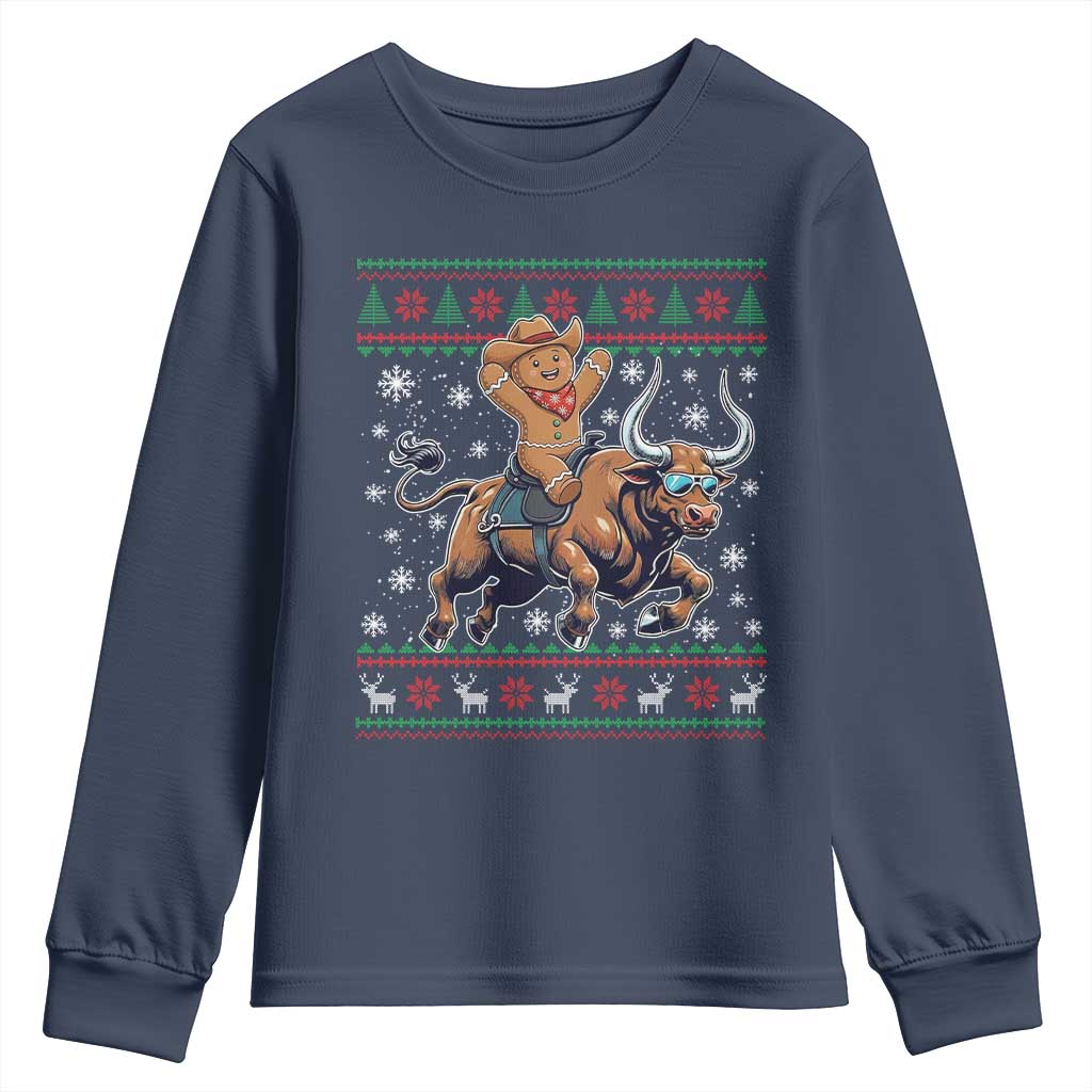 Funny Gingerbread Man Riding Bull Youth Sweatshirt Cowboy Western Rodeo Christmas Gift - Wonder Print Shop