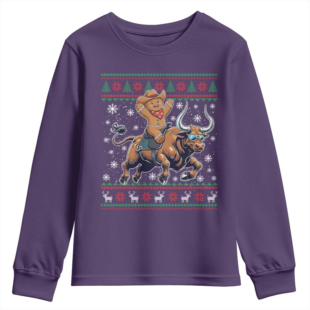 Funny Gingerbread Man Riding Bull Youth Sweatshirt Cowboy Western Rodeo Christmas Gift - Wonder Print Shop