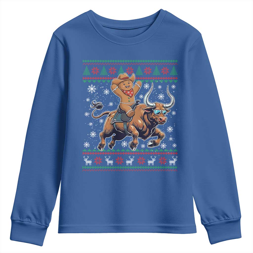 Funny Gingerbread Man Riding Bull Youth Sweatshirt Cowboy Western Rodeo Christmas Gift - Wonder Print Shop
