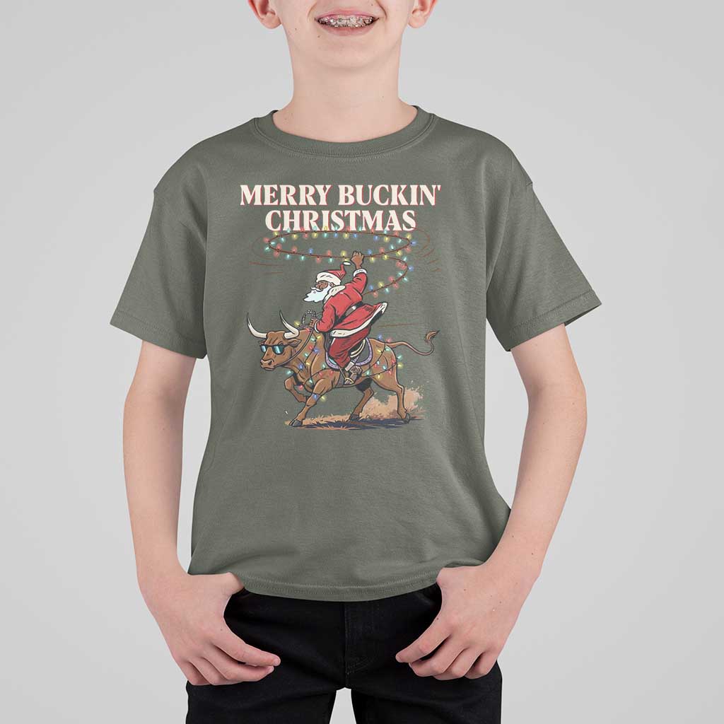 Merry Buckin Christmas T Shirt For Kid Black Santa Western Rodeo Gift - Wonder Print Shop