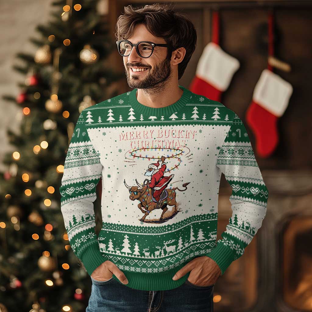 Merry Buckin Xmas Ugly Christmas Sweater Black Santa Western Rodeo Gift - Wonder Print Shop