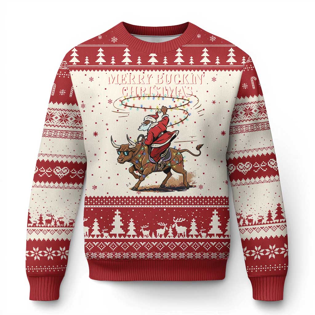Merry Buckin Xmas Ugly Christmas Sweater Black Santa Western Rodeo Gift - Wonder Print Shop