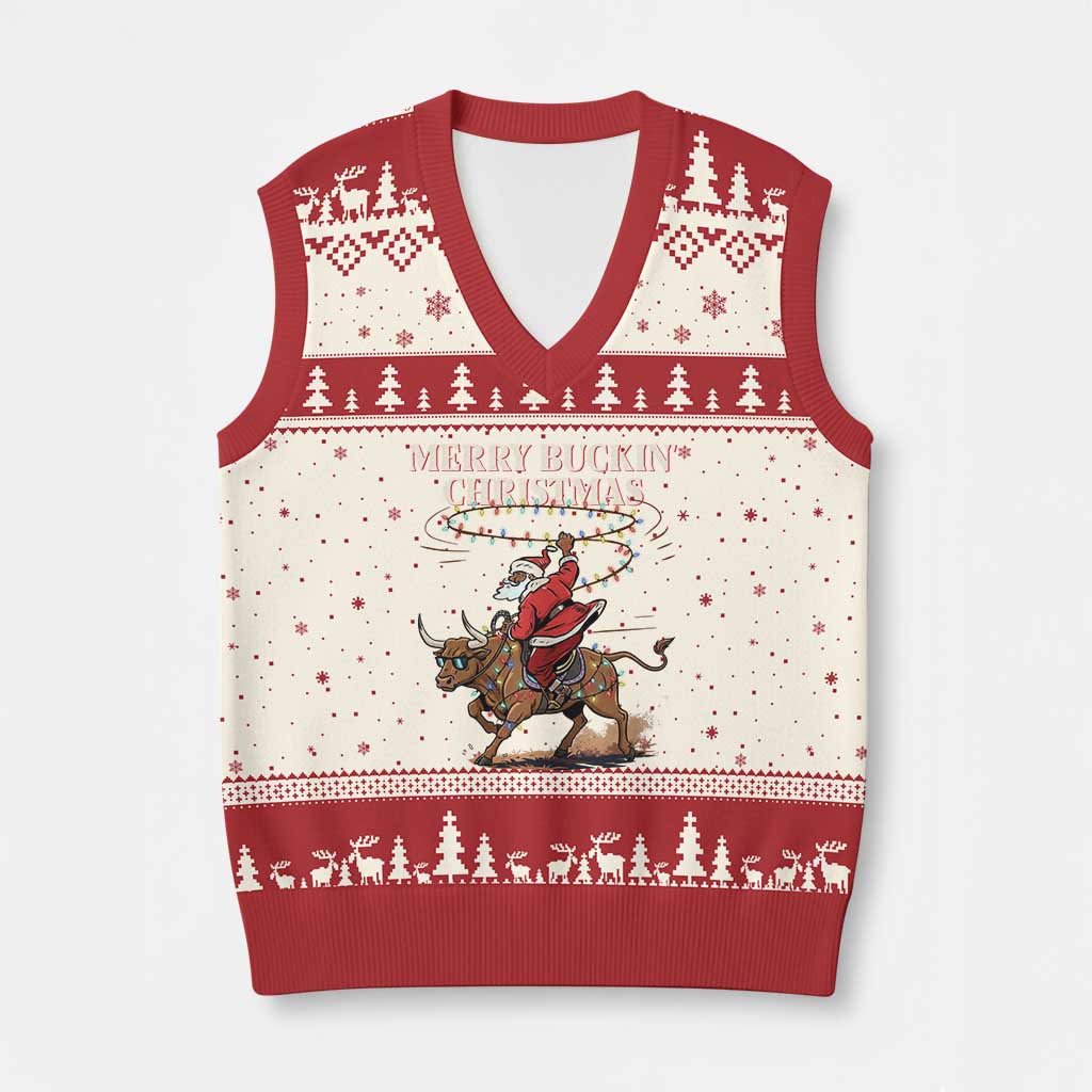 Merry Buckin Xmas V-Neck Knit Sweater Vest Black Santa Western Rodeo Gift - Wonder Print Shop