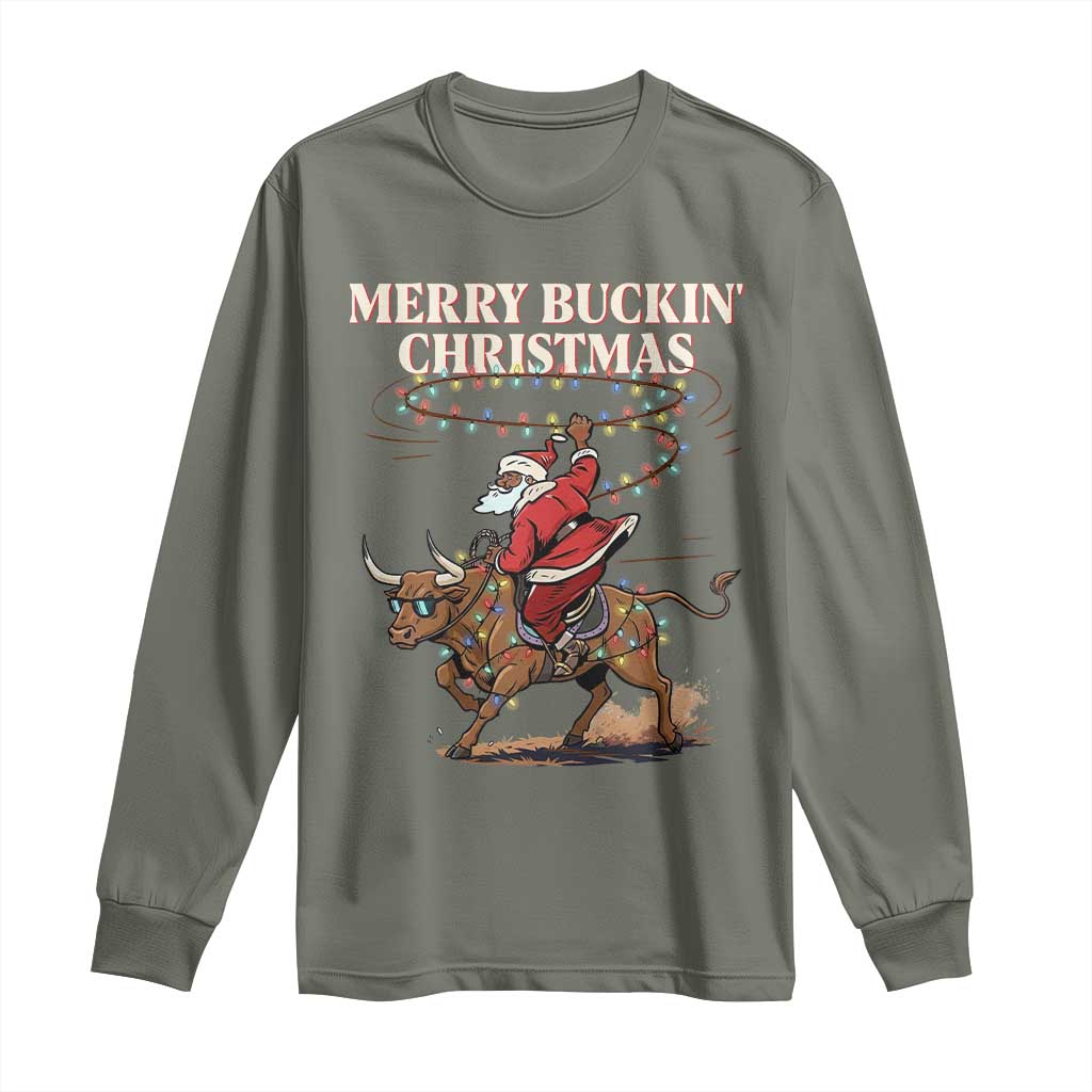 Merry Buckin Christmas Long Sleeve Shirt Black Santa Western Rodeo Gift - Wonder Print Shop