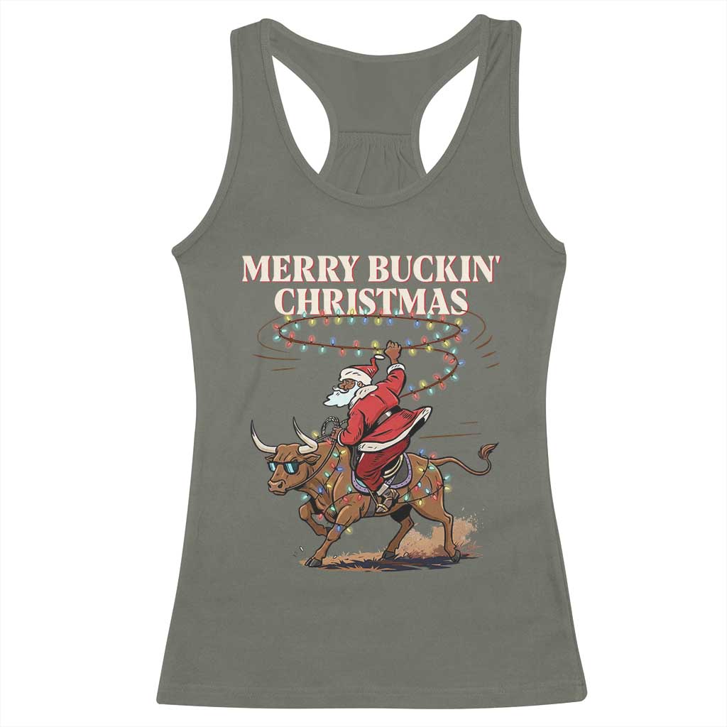 Merry Buckin Christmas Racerback Tank Top Black Santa Western Rodeo Gift - Wonder Print Shop