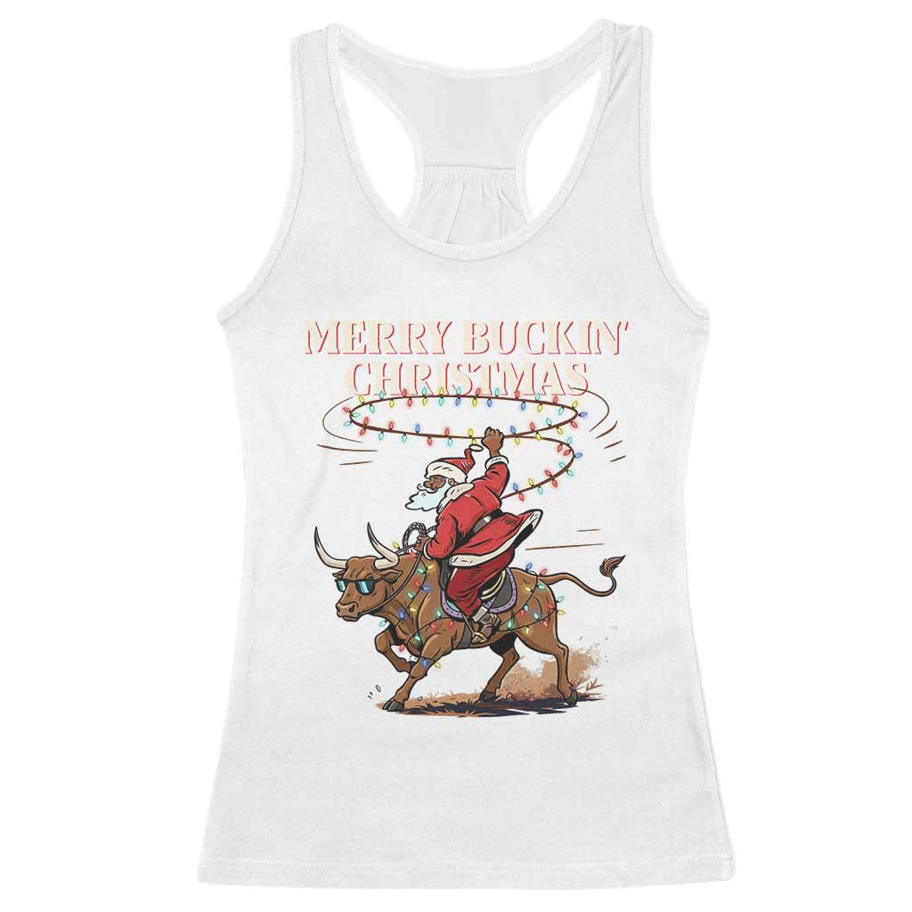 Merry Buckin Christmas Racerback Tank Top Black Santa Western Rodeo Gift - Wonder Print Shop