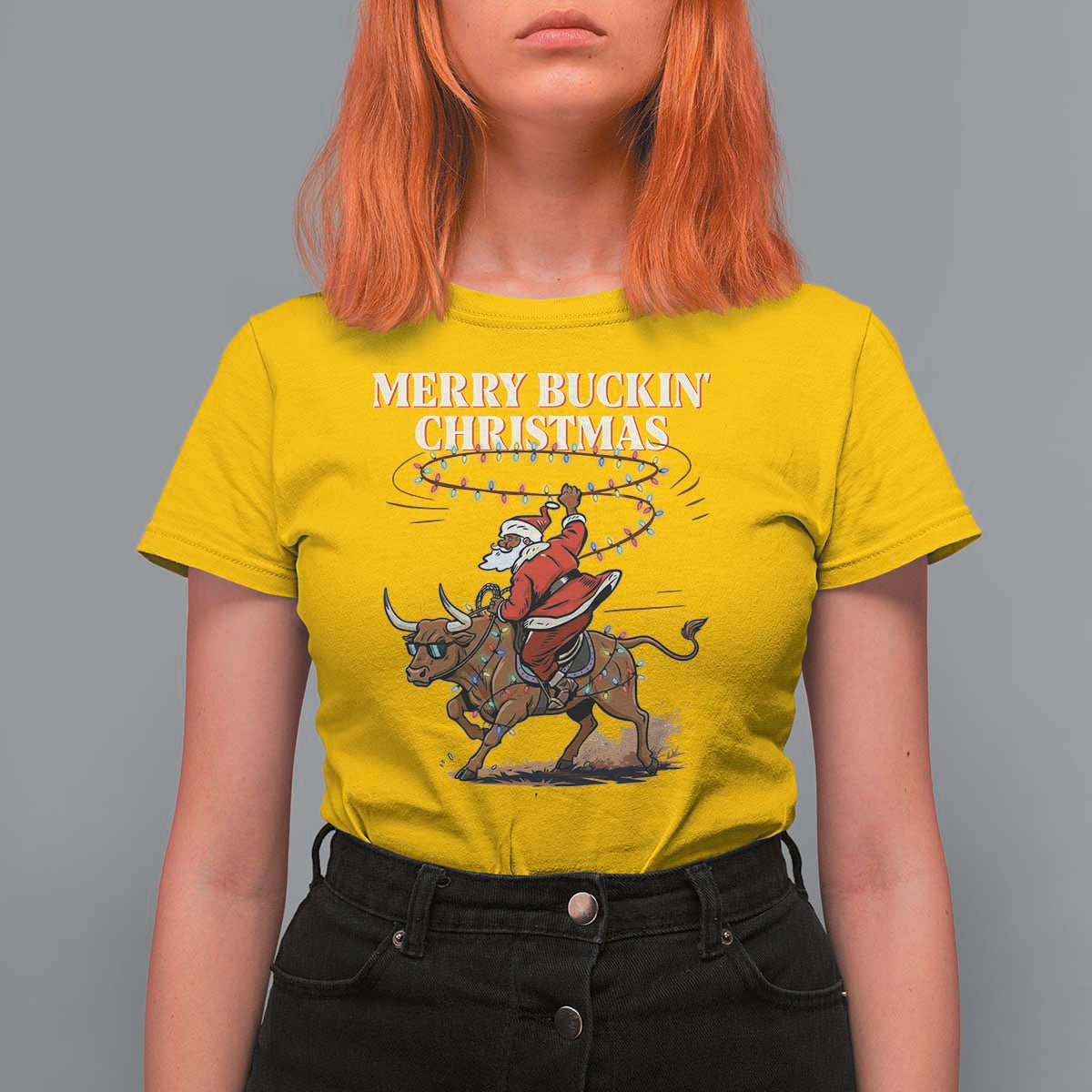 Merry Buckin Christmas T Shirt For Women Black Santa Western Rodeo Gift - Wonder Print Shop