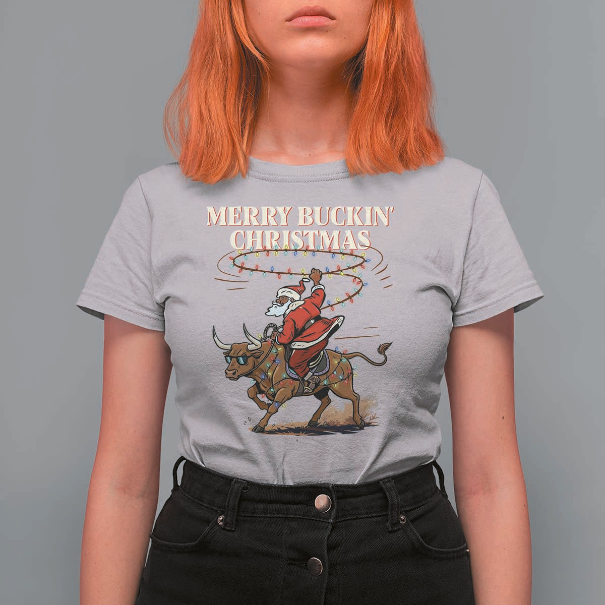 Merry Buckin Christmas T Shirt For Women Black Santa Western Rodeo Gift - Wonder Print Shop