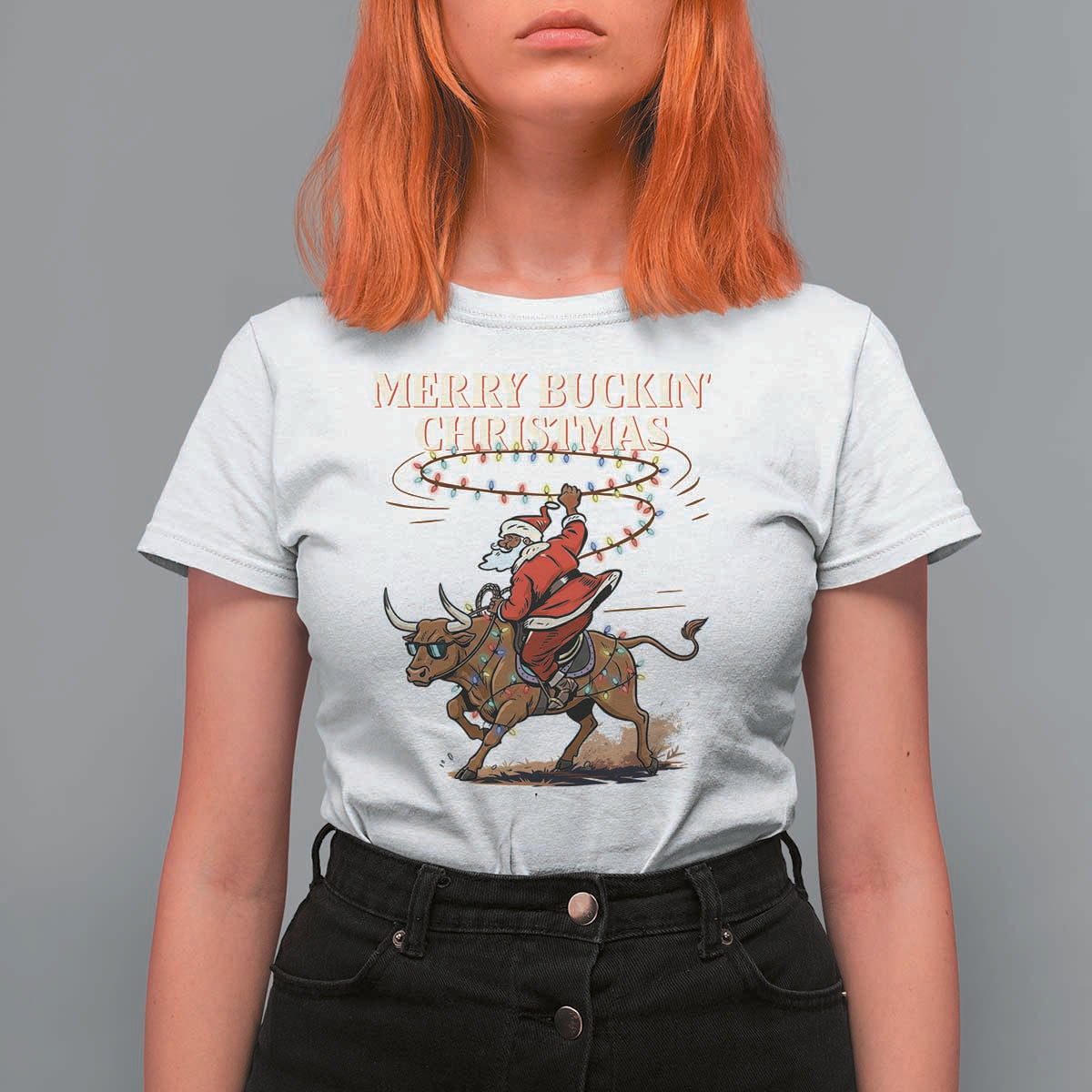 Merry Buckin Christmas T Shirt For Women Black Santa Western Rodeo Gift - Wonder Print Shop