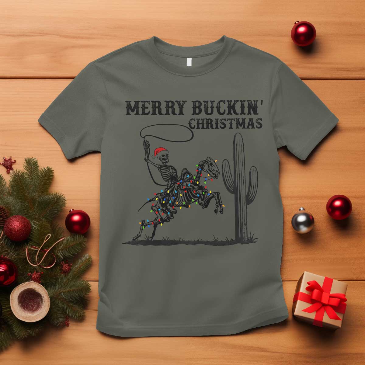 Merry Buckin Christmas T Shirt Funny Skeleton Santa Horse Rider - Wonder Print Shop