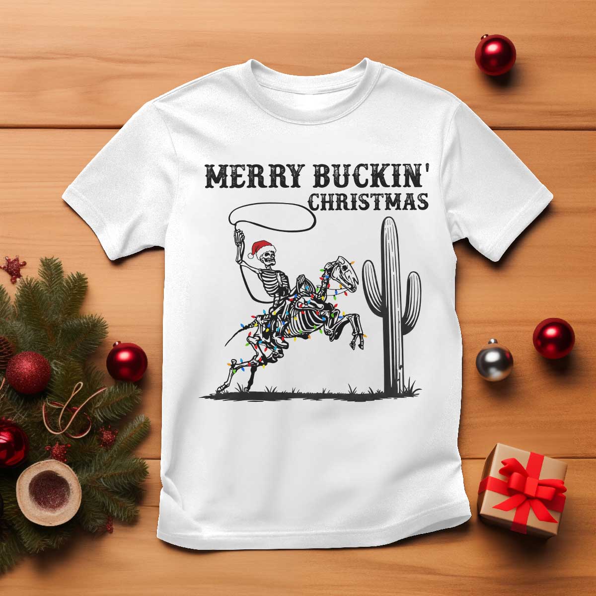 Merry Buckin Christmas T Shirt Funny Skeleton Santa Horse Rider - Wonder Print Shop