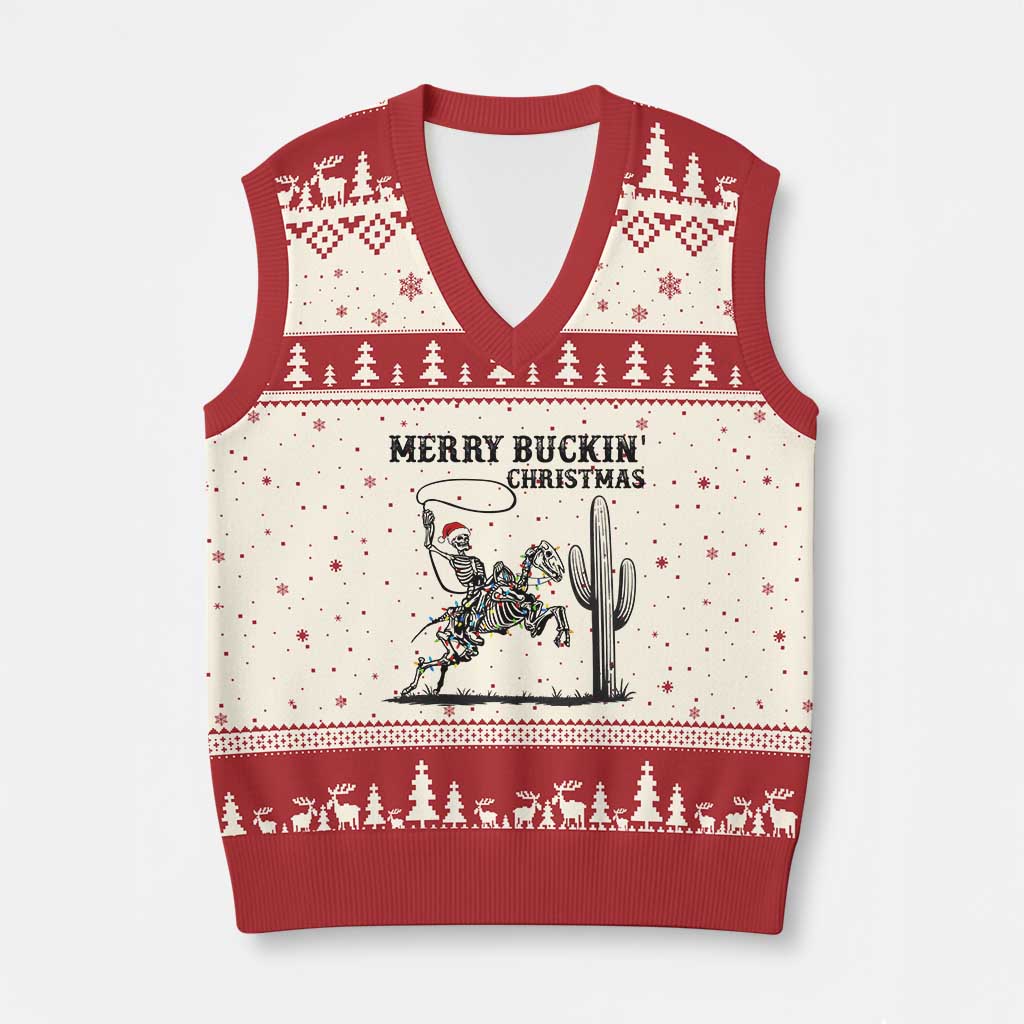 Merry Buckin Xmas V-Neck Knit Sweater Vest Funny Skeleton Santa Horse Rider - Wonder Print Shop