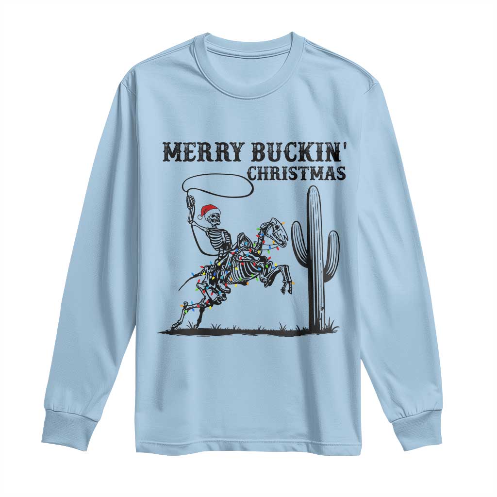 Merry Buckin Christmas Long Sleeve Shirt Funny Skeleton Santa Horse Rider - Wonder Print Shop