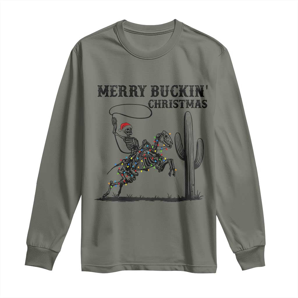 Merry Buckin Christmas Long Sleeve Shirt Funny Skeleton Santa Horse Rider - Wonder Print Shop