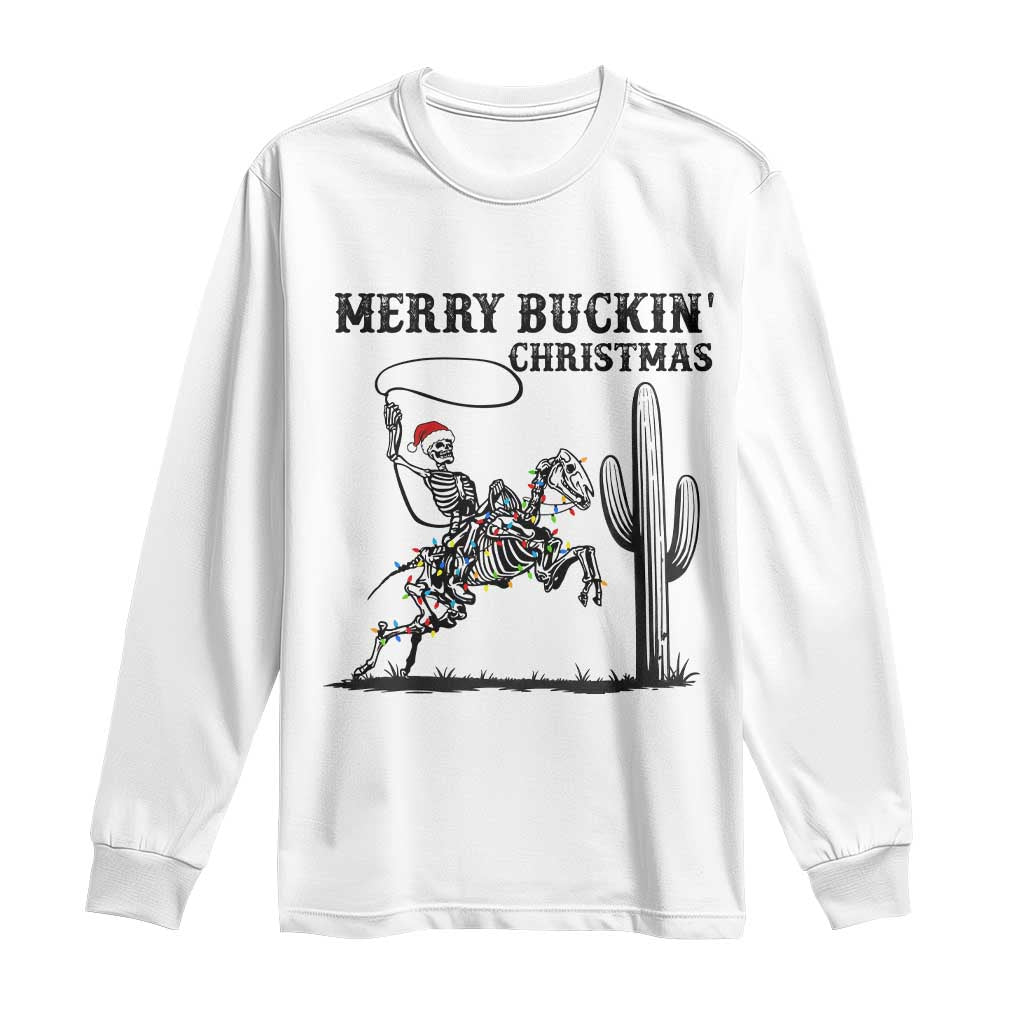 Merry Buckin Christmas Long Sleeve Shirt Funny Skeleton Santa Horse Rider - Wonder Print Shop