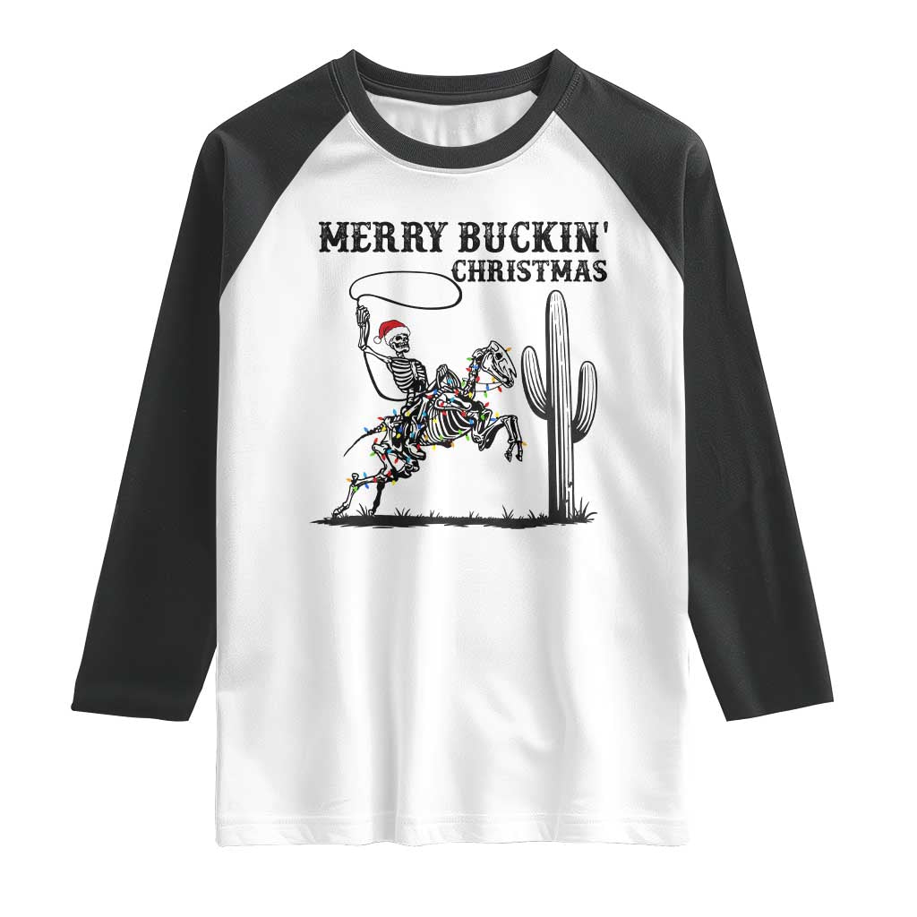 Merry Buckin Christmas Raglan Shirt Funny Skeleton Santa Horse Rider - Wonder Print Shop