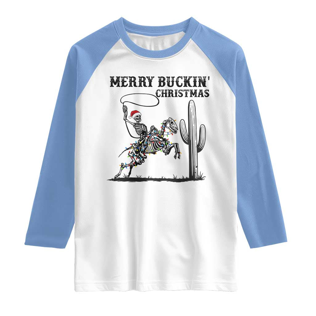 Merry Buckin Christmas Raglan Shirt Funny Skeleton Santa Horse Rider - Wonder Print Shop