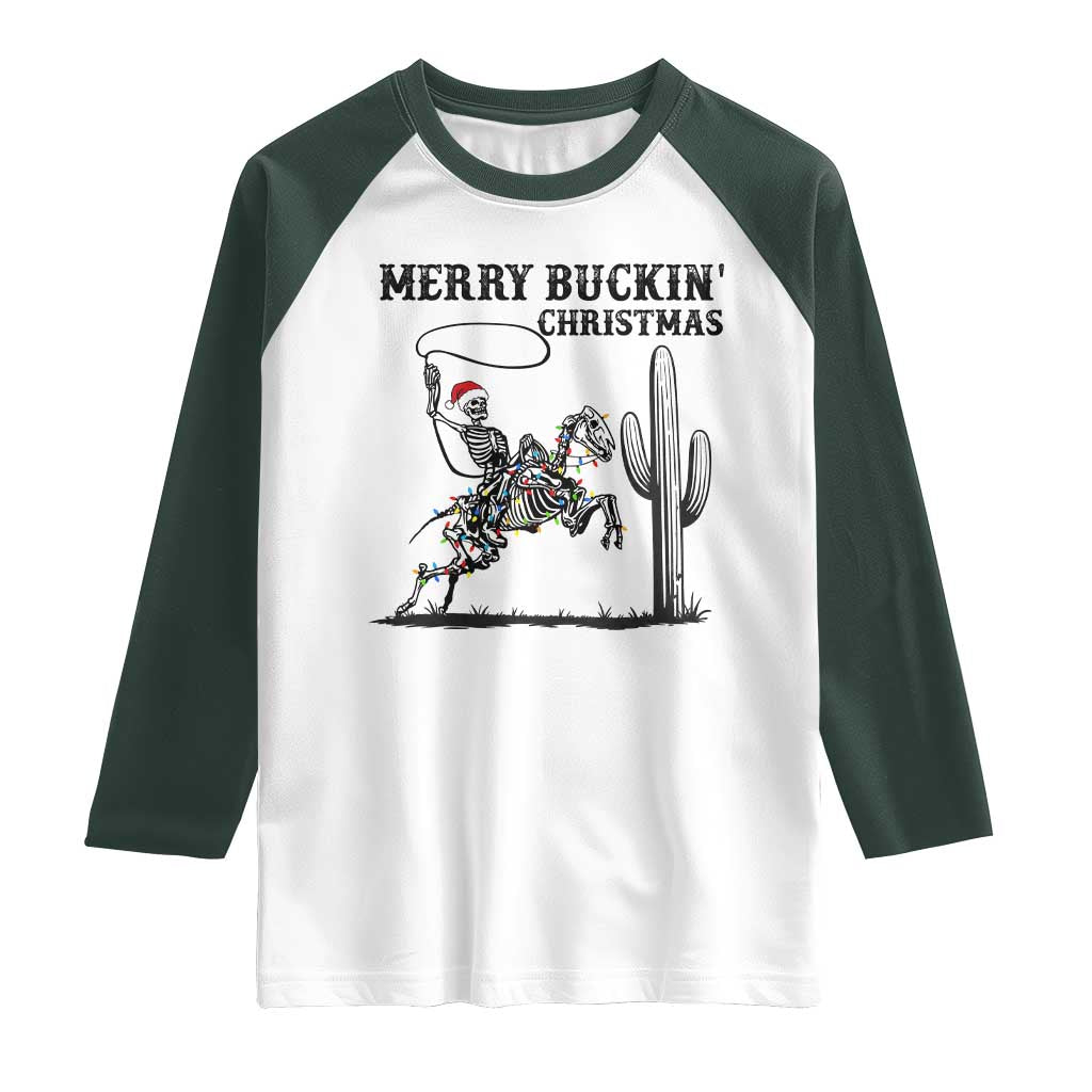 Merry Buckin Christmas Raglan Shirt Funny Skeleton Santa Horse Rider - Wonder Print Shop