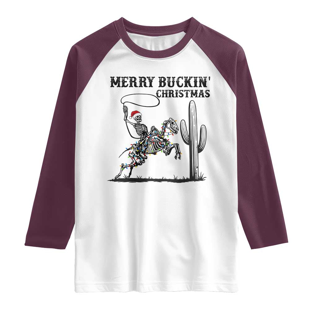 Merry Buckin Christmas Raglan Shirt Funny Skeleton Santa Horse Rider - Wonder Print Shop