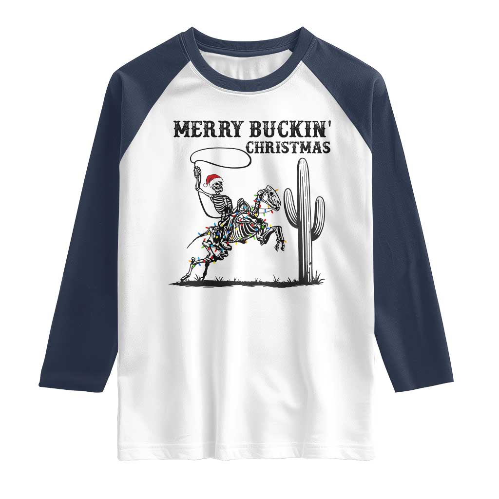 Merry Buckin Christmas Raglan Shirt Funny Skeleton Santa Horse Rider - Wonder Print Shop