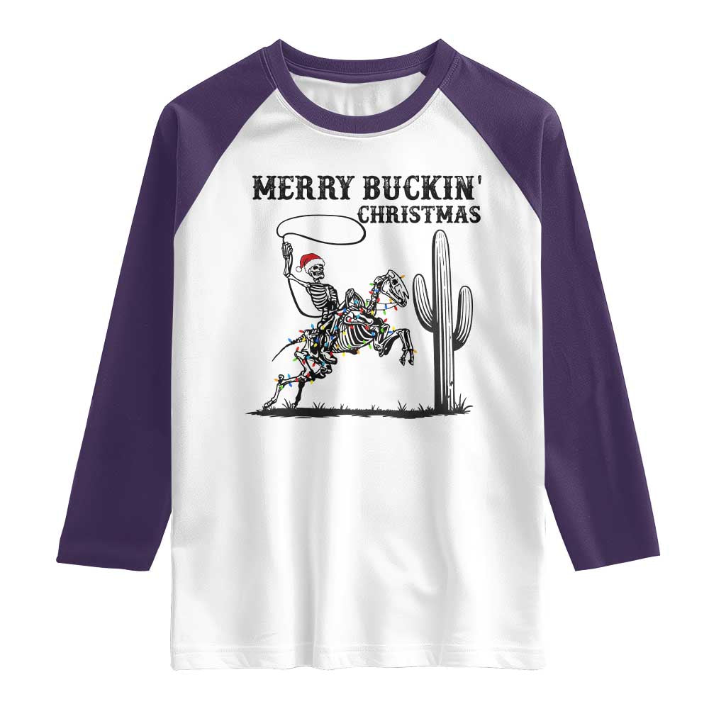 Merry Buckin Christmas Raglan Shirt Funny Skeleton Santa Horse Rider - Wonder Print Shop