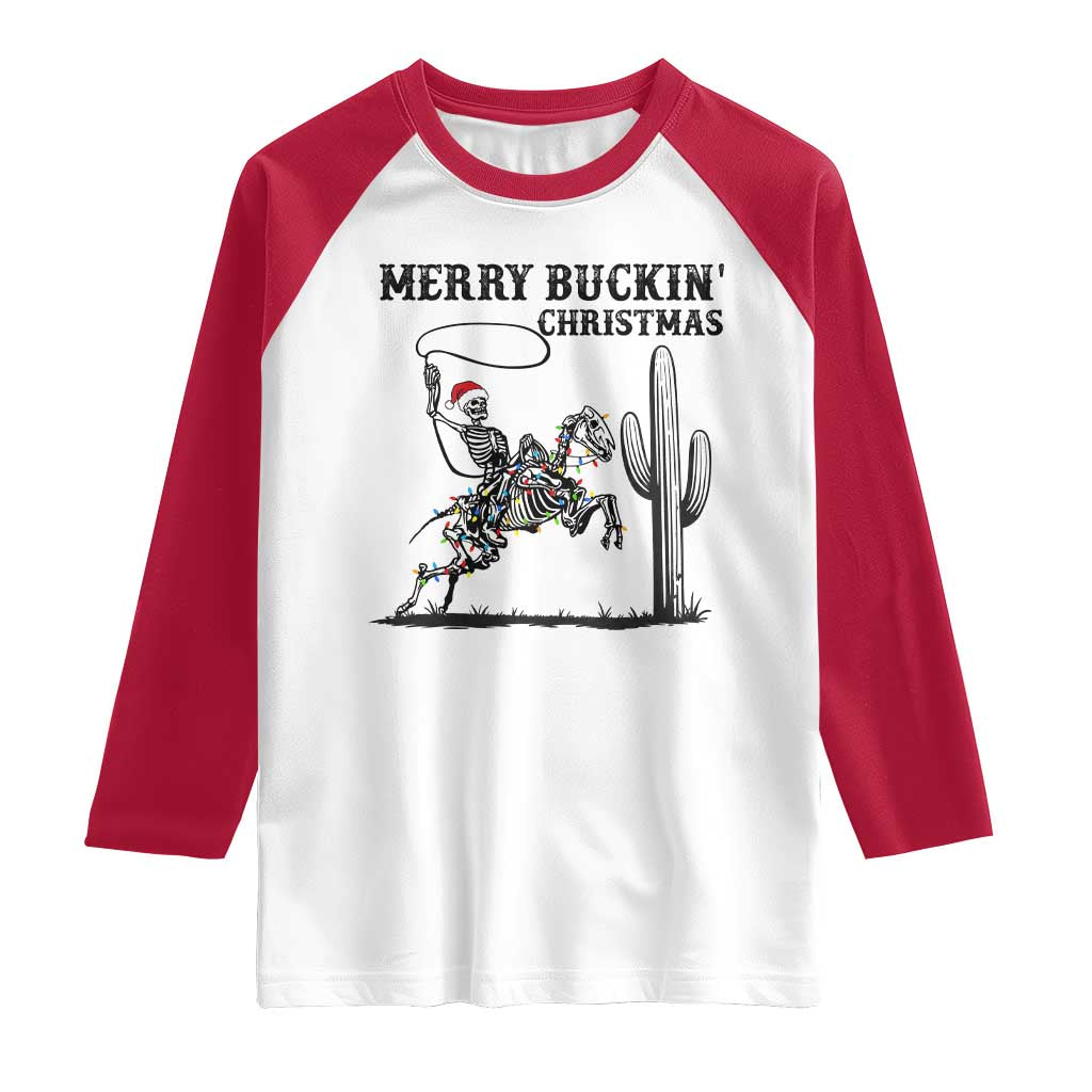 Merry Buckin Christmas Raglan Shirt Funny Skeleton Santa Horse Rider - Wonder Print Shop