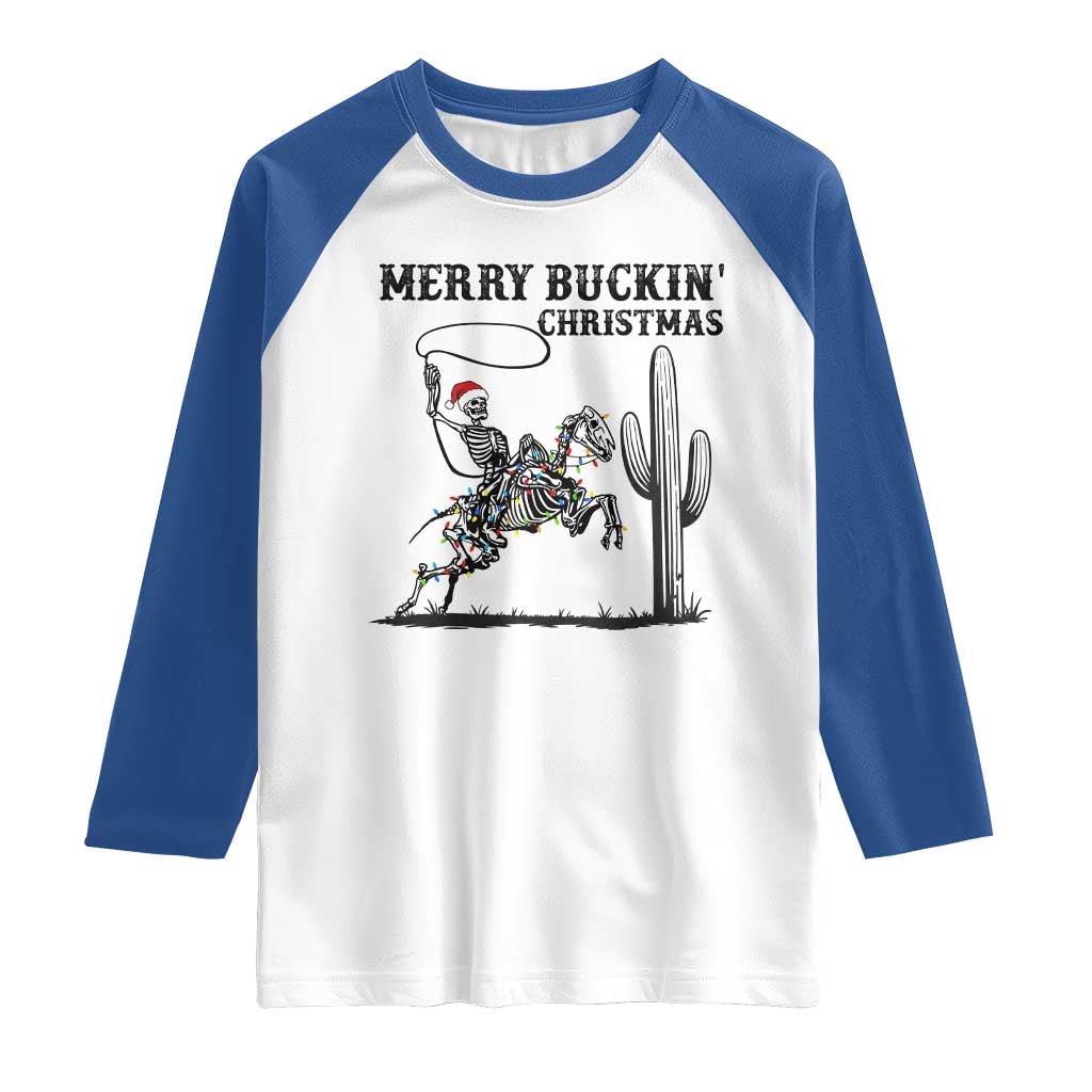 Merry Buckin Christmas Raglan Shirt Funny Skeleton Santa Horse Rider - Wonder Print Shop