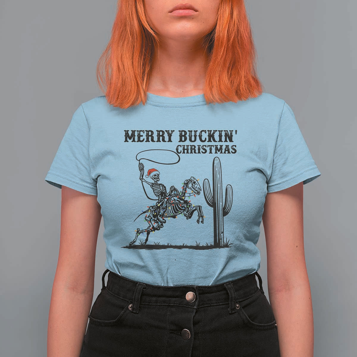 Merry Buckin Christmas T Shirt For Women Funny Skeleton Santa Horse Rider - Wonder Print Shop