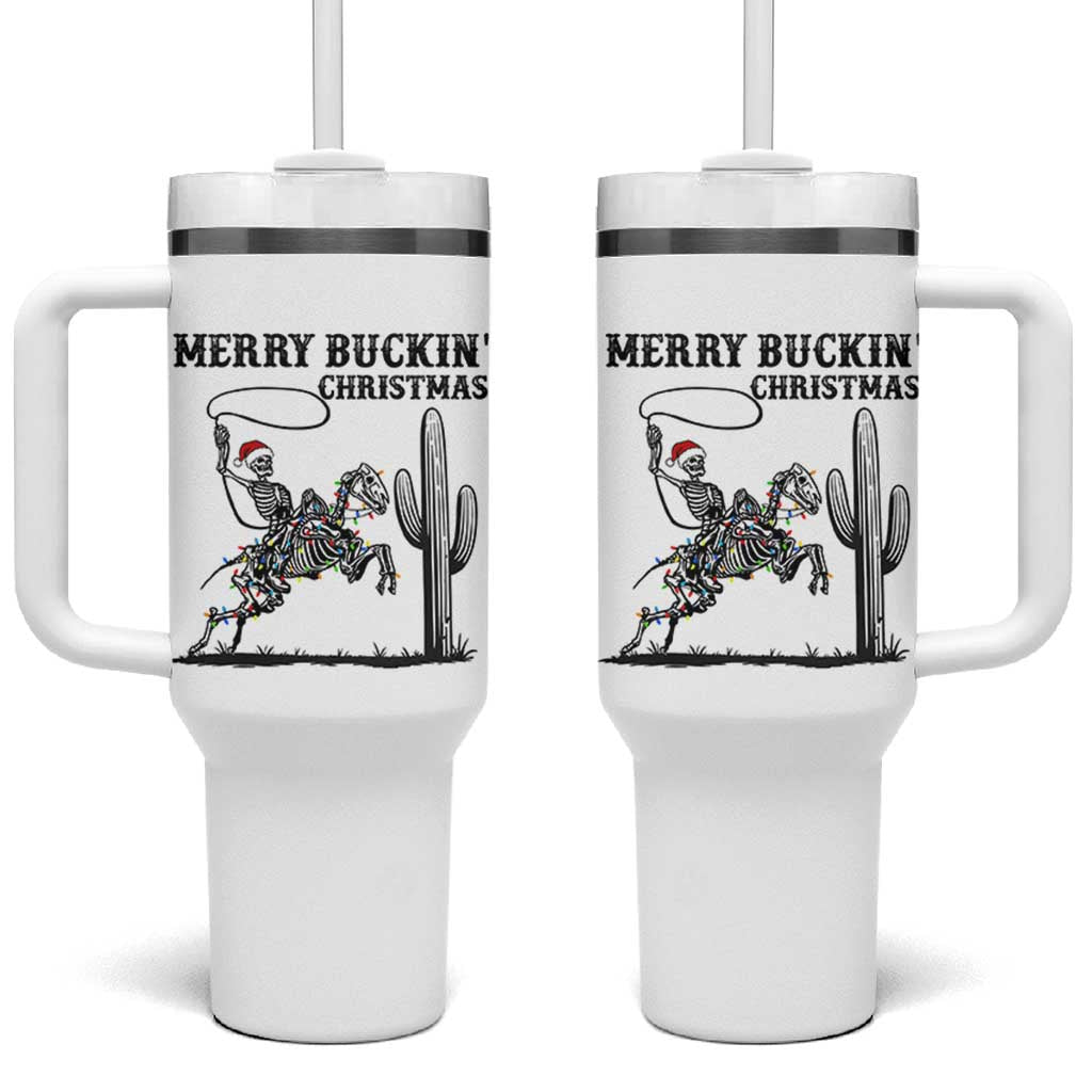 Merry Buckin Christmas Tumbler With Handle Funny Skeleton Santa Horse Rider - Wonder Print Shop