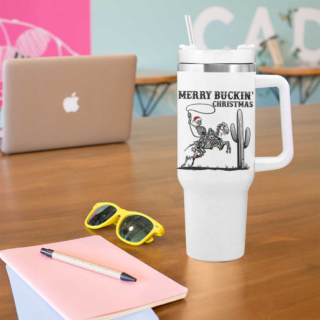 Merry Buckin Christmas Tumbler With Handle Funny Skeleton Santa Horse Rider - Wonder Print Shop
