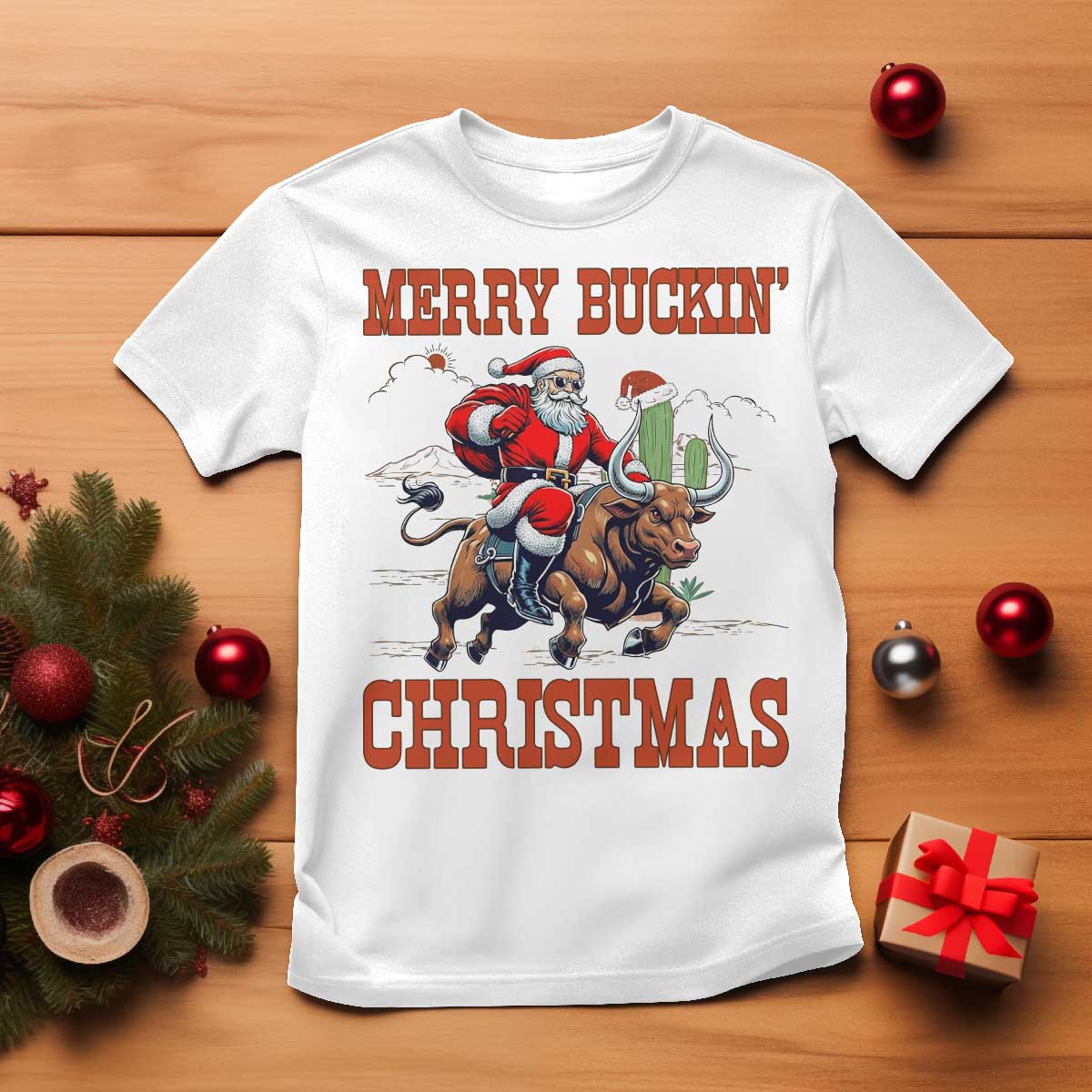 Western Black Santa Merry Buckin Christmas T Shirt Funny Rodeo - Wonder Print Shop