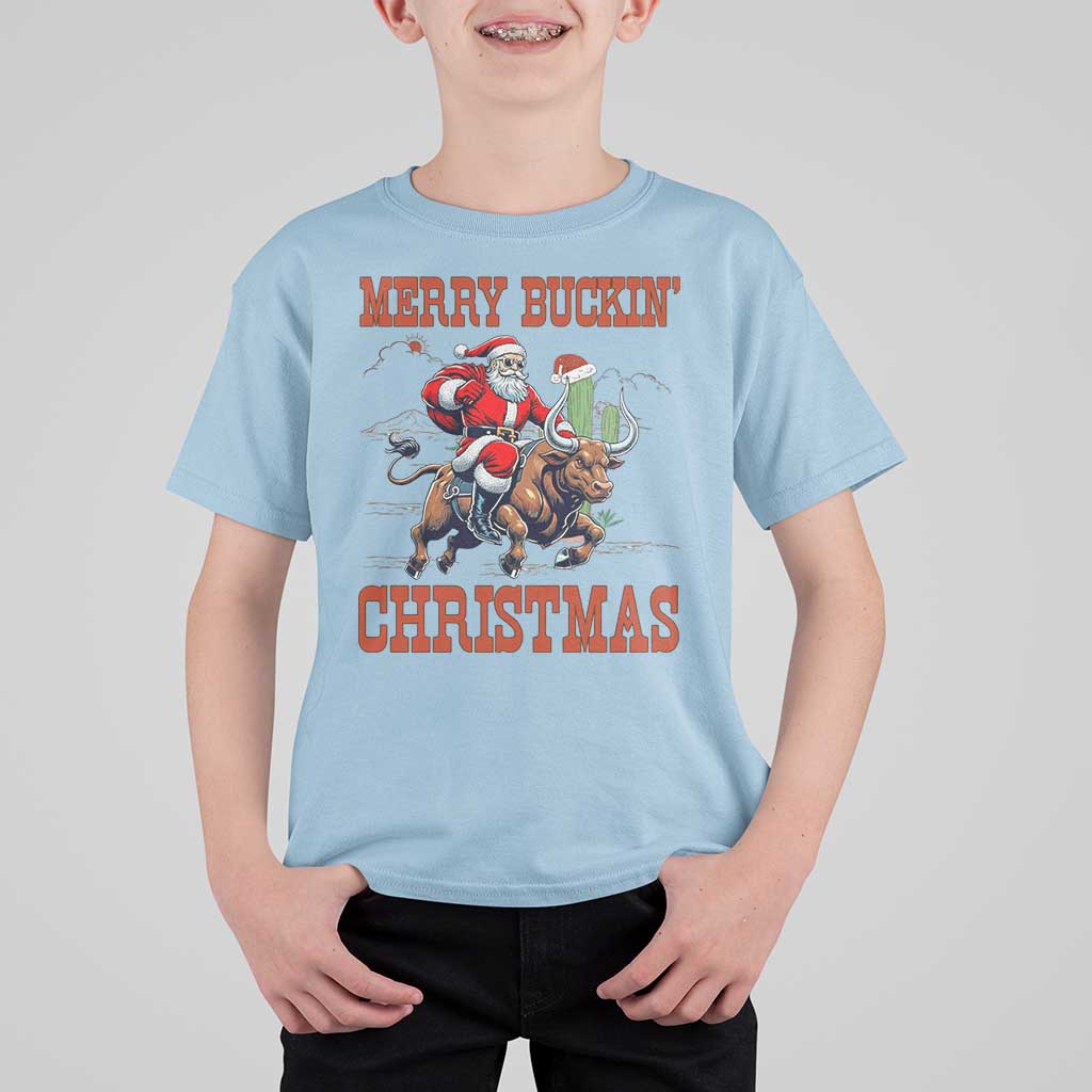Western Black Santa Merry Buckin Christmas T Shirt For Kid Funny Rodeo - Wonder Print Shop