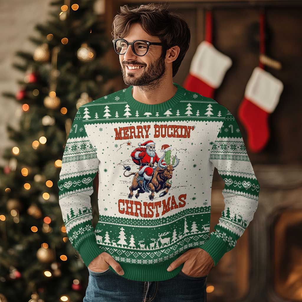 Western Black Santa Merry Buckin Xmas Ugly Christmas Sweater Funny Rodeo - Wonder Print Shop