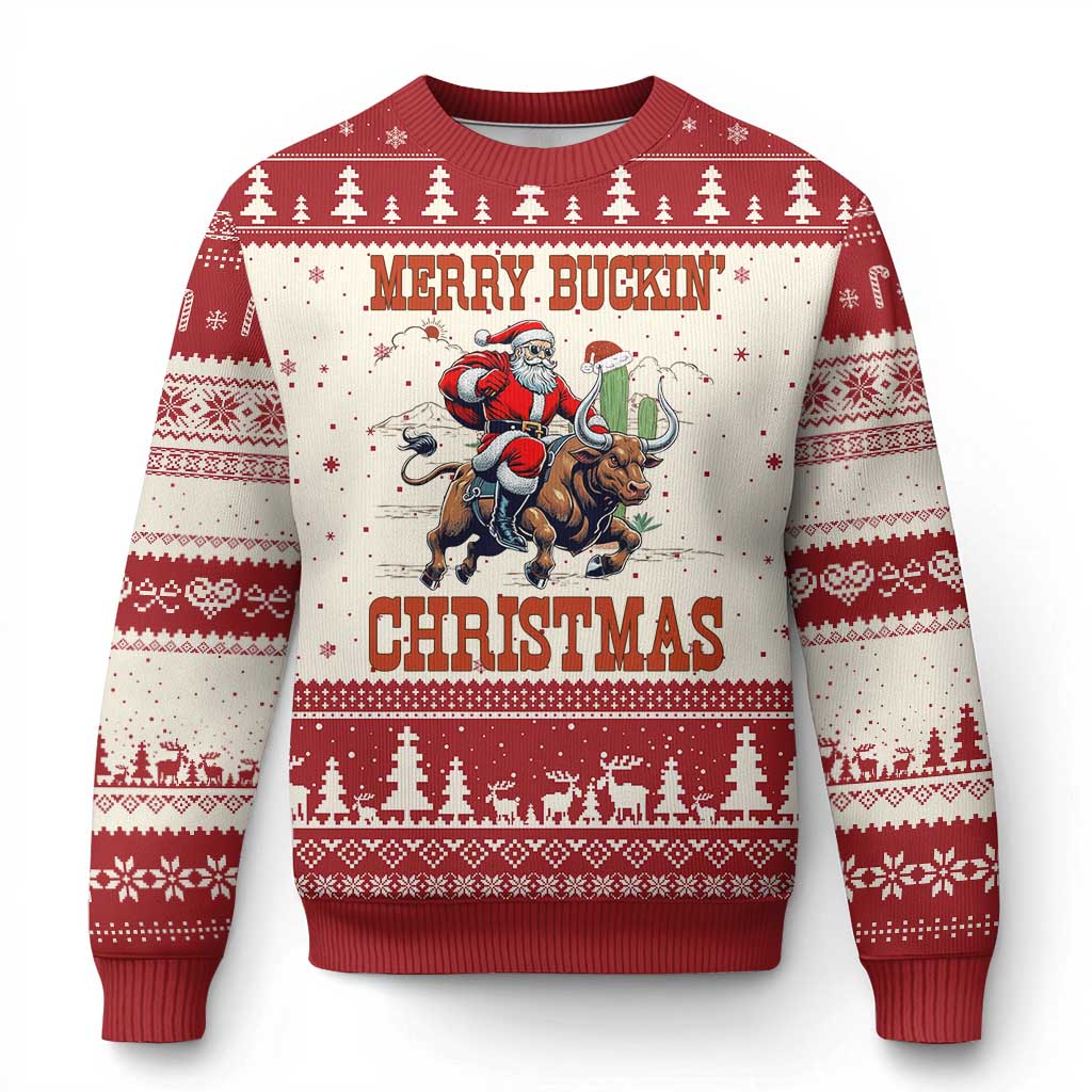 Western Black Santa Merry Buckin Xmas Ugly Christmas Sweater Funny Rodeo - Wonder Print Shop