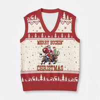 Western Black Santa Merry Buckin Xmas V-Neck Knit Sweater Vest Funny Rodeo - Wonder Print Shop