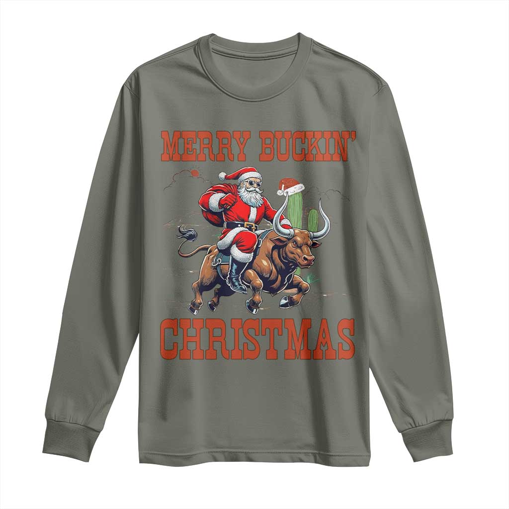 Western Black Santa Merry Buckin Christmas Long Sleeve Shirt Funny Rodeo - Wonder Print Shop